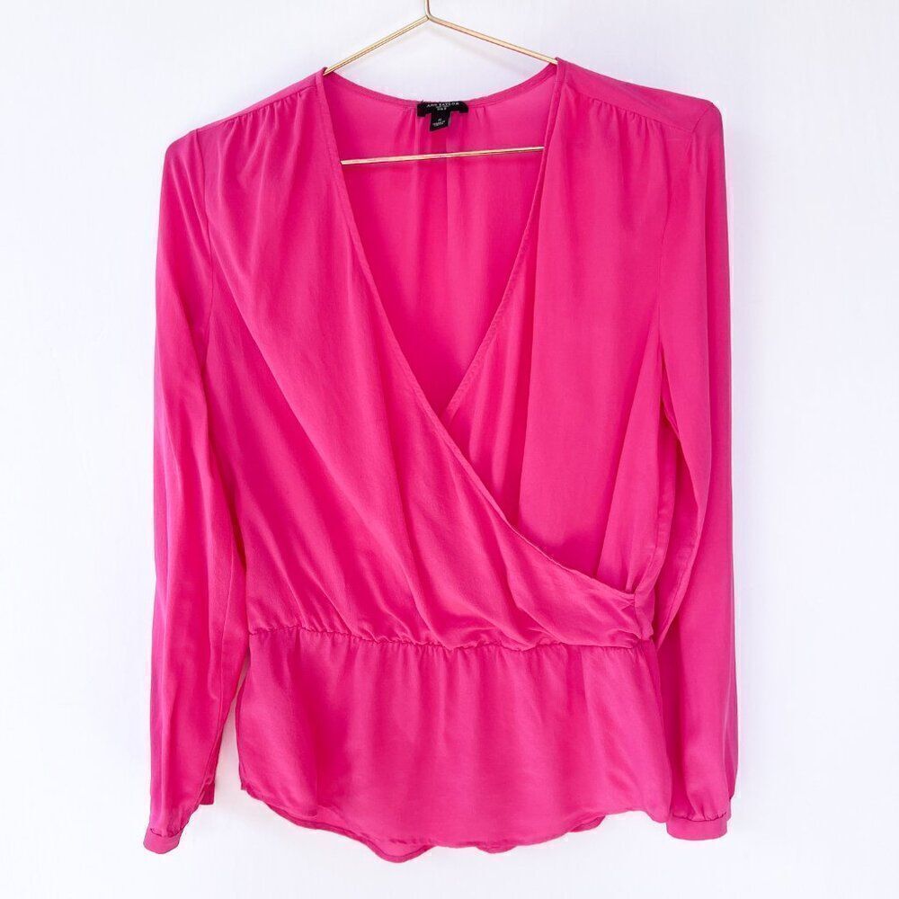 Ann Taylor 100% Silk Hot Pink V Neck Faux Wrap Long Sleeve Shirt Small